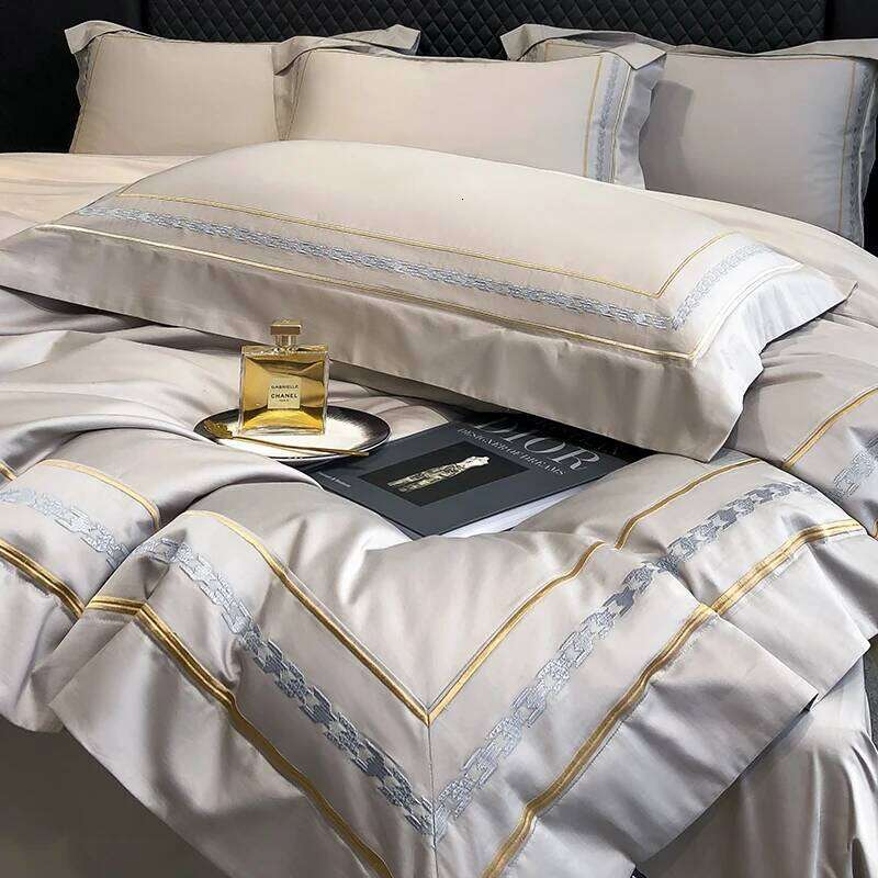 Grey Egyptian Cotton Bedding Set Luxury Golden Stripe Embroidery Duvet Cover Sets Fitted Bed Sheet Pillowcases Home Textile Y260124