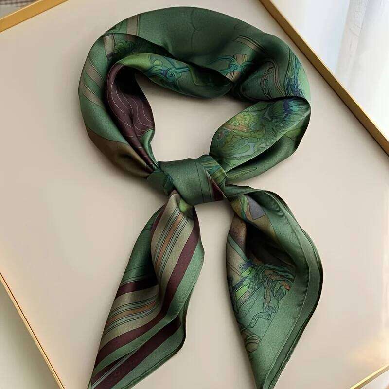 New Green Print Square Simulated Silk Thin Satin Neck Elegant Ladies Professional Decorative Small Scarf 26Y0126