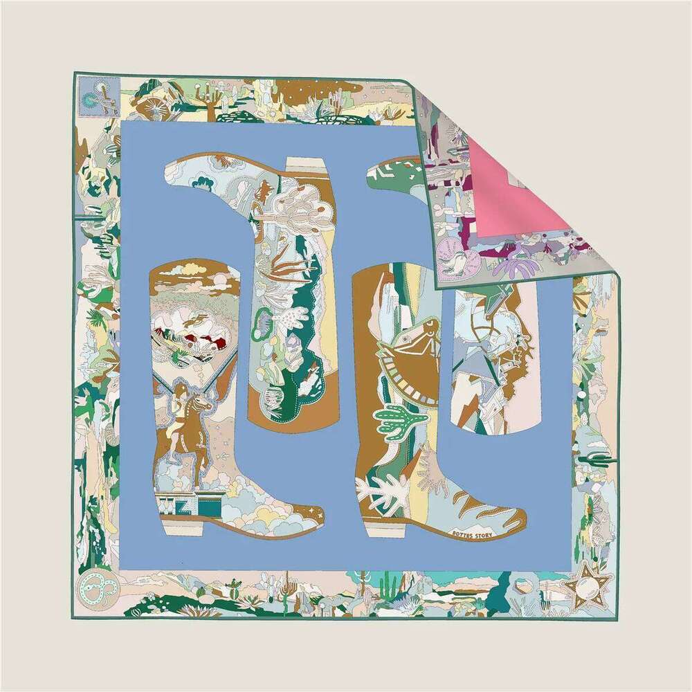 New 90CM Curled Twill Silk Scarf Women Leather Boots Double Side Printed Square Scarves Wraps Echarpes Foulards Femme Hijab 26Y0126