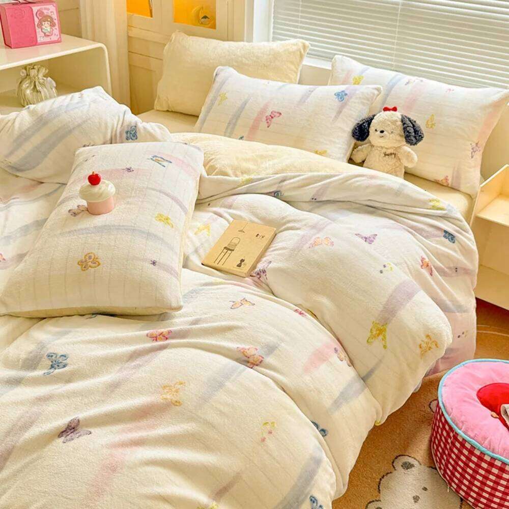 Ins Simple Style Winter Warm Four Piece Milk Velvet Boys Girls Bedding Set Thickened Soft Duvet Cover Pillowcase Bed Linens Y260124