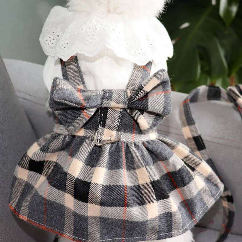 Lattice Summer Dogs and Leash Set Bowknot Teddy Bichon Dog Harness Vest Spring Cat Dress Chihuahua Pet Clothing C260126