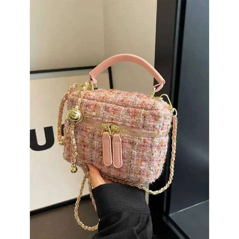 Ladies' Mini Handheld Bucket Bag 2025 Spring Summer New Sparkling One Shoulder Bags Casual Versatile Grid Chain Crossbody Pack XJ260125