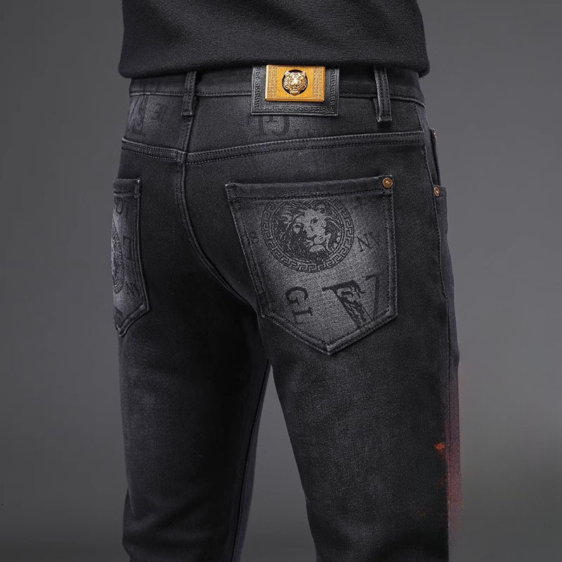 Luxury Brand Designer Clothes 2025 Winter New Printed High-End Jeans Men's Trendy Slim Fit Straight-Leg European Style Black Denim Cropped Pants