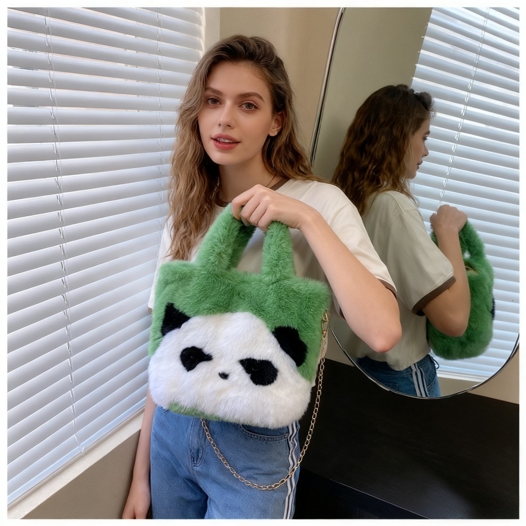 Panda Plush New Fluffy Bucket Cute Soft Face Large Capacity Handbag Shoulder Underarm Bag Crossbody