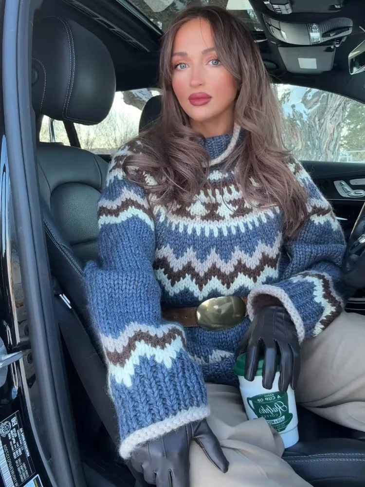 Chic Turtleneck Fair Isle Sweater Women Casual Contrast Chunky Knit Long Sleeves Female Pullover Spring All-match Lady Top