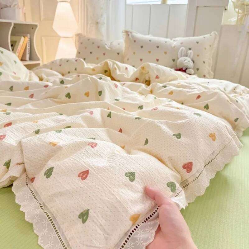 2025 new hollow lace wrinkled cotton four-piece household student dormitory three-piece set bed sheet quilt cover Y260124