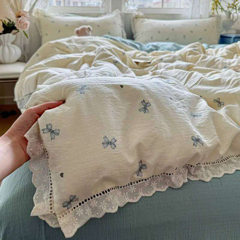 INS Korean Style Blue Bow Double Layer Gauze Four-Piece Simple Lace Edge Duvet Cover Bed Sheet Dormitory 3-Piece Set Y260124