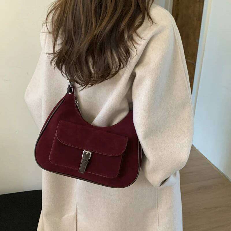 Korean Style Ins Niche Design Retro Suede Tote for Women 2025 New Autumn and Winter Commuter Shoulder Crossbody Bag 7573XMT XJ260125