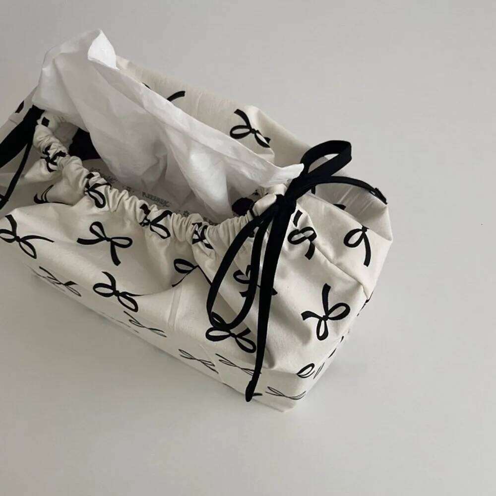 Bow Storage Bag Ribbon Drawstring Adjustable Dustproof Tissue Box Livingroom Car Napkin Paper Case Home Organizer