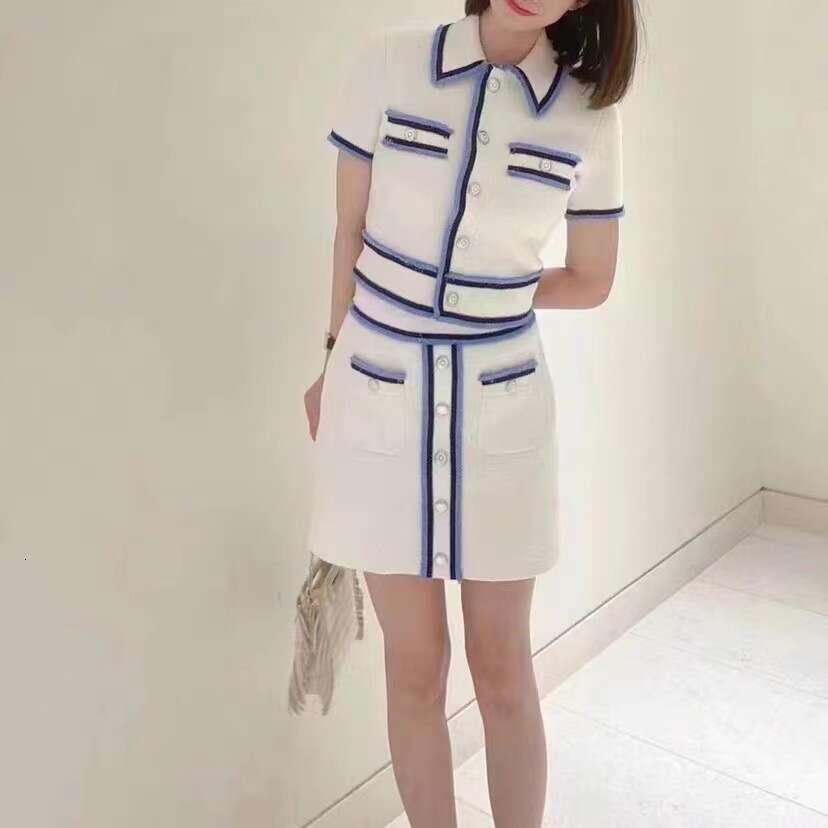 2026 Spring New Designer Navy Blue Style Color blocked Tassel Short sleeved Top Women's Knitted Skirt