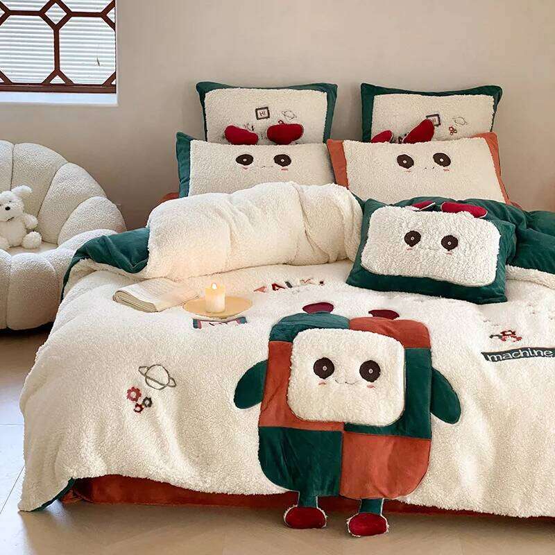 Winter Cartoon Cute Style Double-sided Buvet Thickened Lamb Fleece Four Piece Set Coral fleece Duvet Cover Plush Bedding Y260124