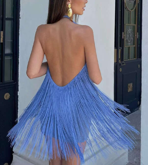 2026 European and American Women's Summer Elegant Fashion Strap Sleeveless Tassel Short Skirt