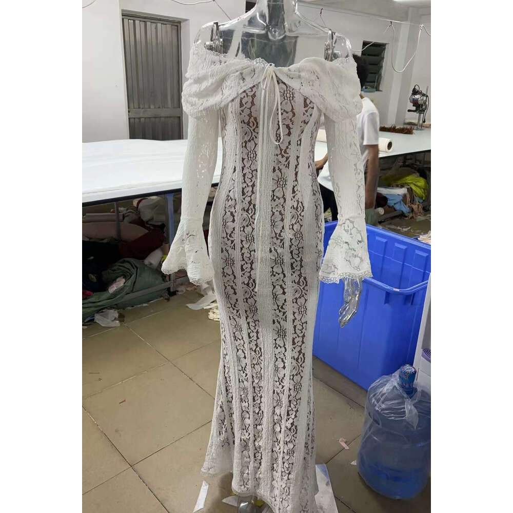 2026 designer autumn off shoulder flared sleeves slim fit elegant temperament strapless waist cinched long skirt