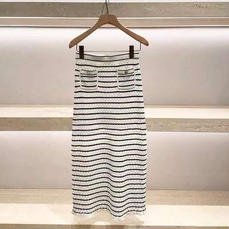 2026 Designer Spring New Striped Single breasted Knitted Women's Top Skirt Dress