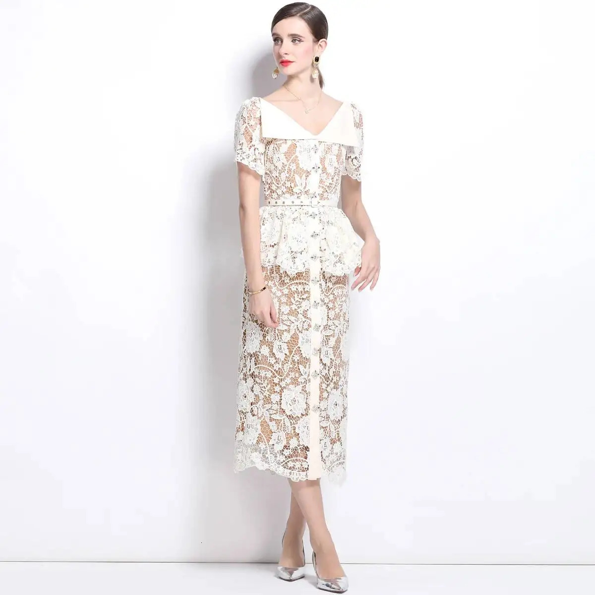 Quality Summer Beaded Diamonds Embroidery Beige White Lace Evening Dres Short Sleeve Ruffle Peplum Midi Prom Dresses Long 260120