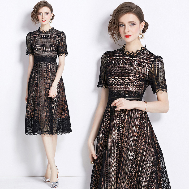 Light Fashion Slimming Hollow WaterSoluble Lace MidLength Dress 210522