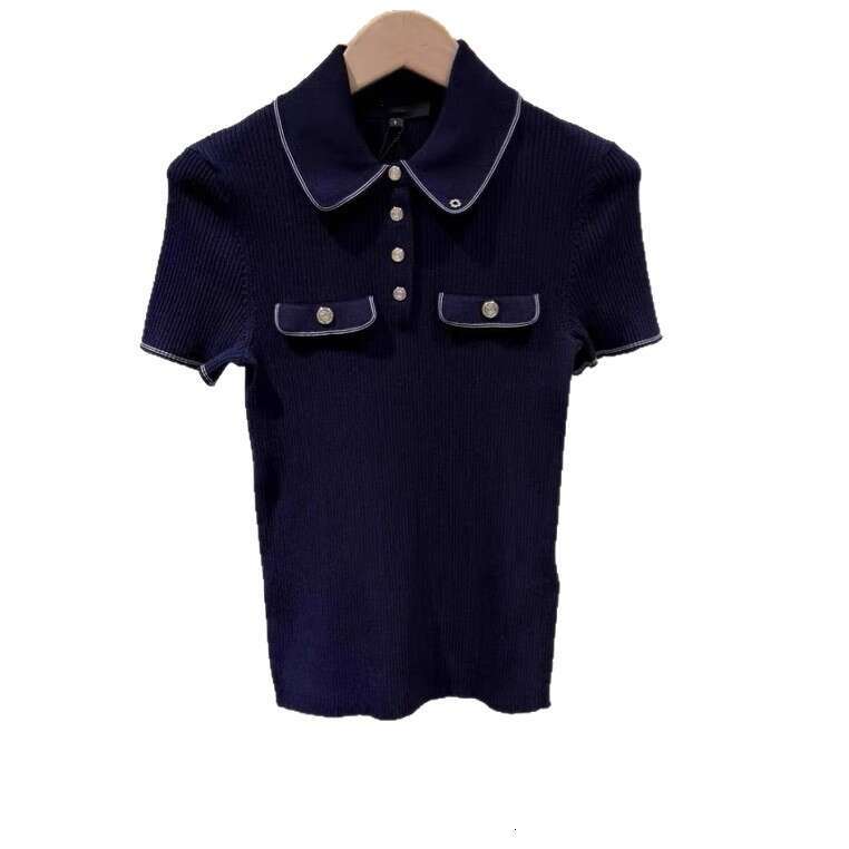 2026 Summer New French Elegant Casual Collar Color blocked Slim Knitted Short Sleeve Top for Women