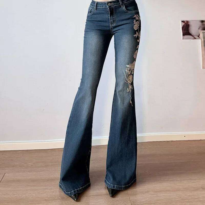 Women Retro Y2k Baggy Floral Embroidery Jeans Vintage 2000s Low Rise Flared Denim Pants High Street Basic Trousers C260126 - view 5