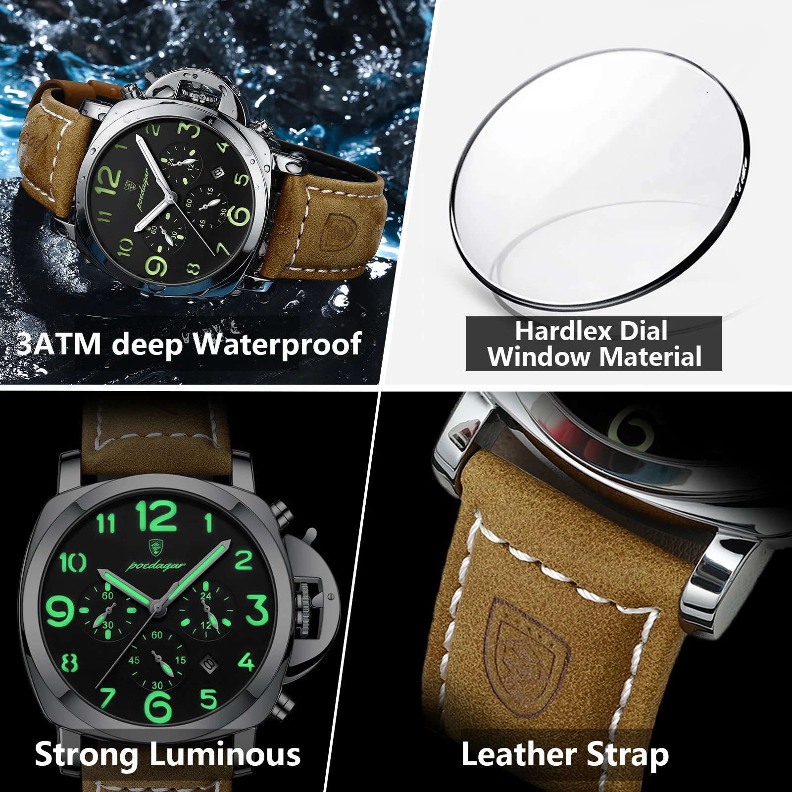 POEDAGAR Top Fashion Watch For Men Waterproof Luminous Chronograph Man Watch Leather Military Mens Quartz Watches Reloj 260120