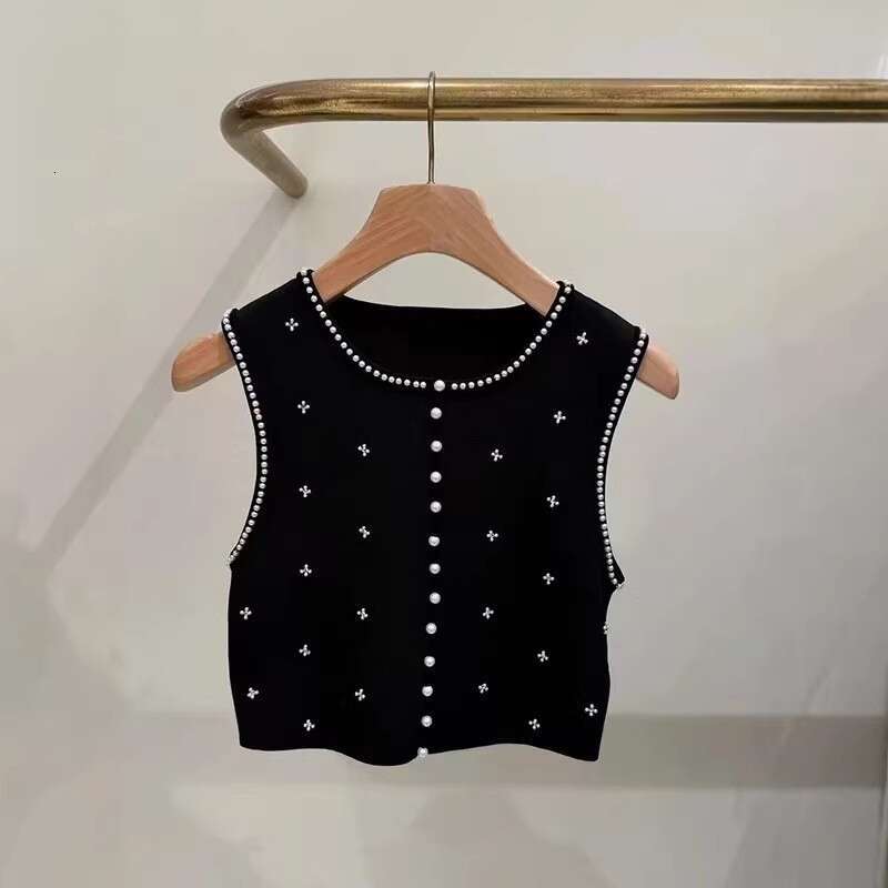 2026 Spring New French Designer Niche Style High Waist Knitted Short Skirt Beaded Edge Tank Top Set