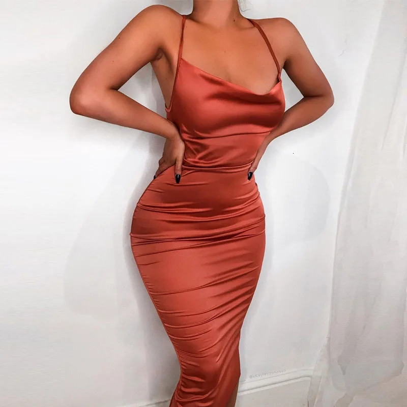 Neon Satin Lace Up Womens Long Midi Dress Light Pink Bodycon Backless Elegant Party Sexy Club Clothes Summer Dinner Outfit 260122