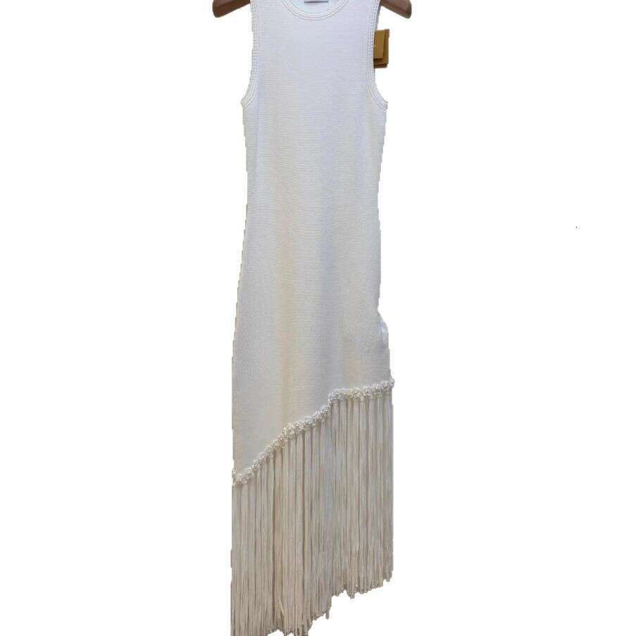 2026 French Elegant Spring Designer Mature Simple Style White Tassel Knitted Tank Top Dress