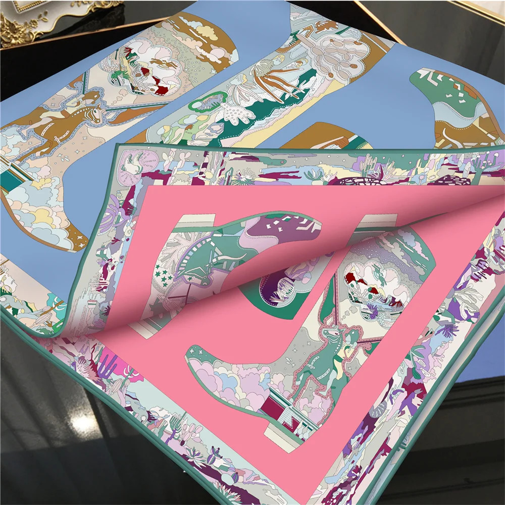 POBING Curled Twill Silk Scarf Women Leather Boots Double Side Printed Square Scarves Wraps Echarpes Foulards Femme Hijab 90CM 251230