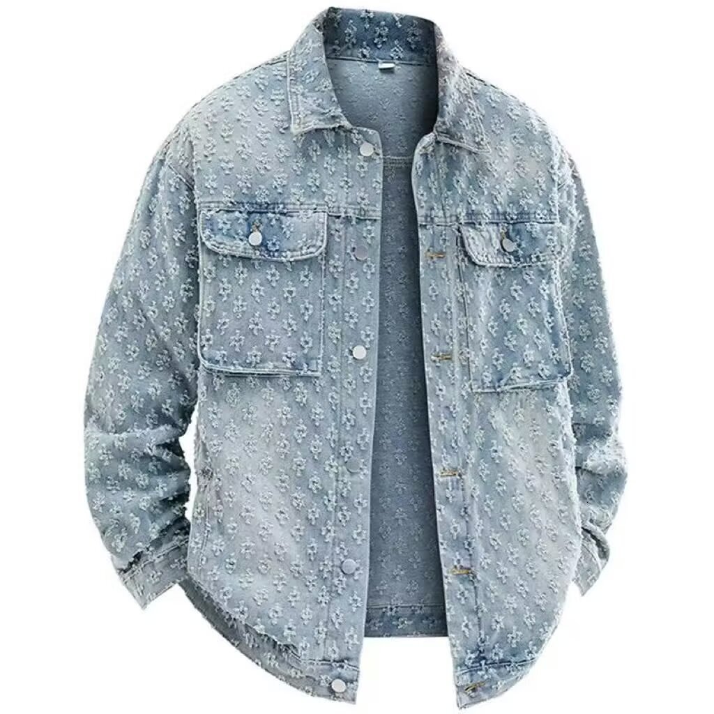 Luxury Brand Designer Clothes Korean Retro Washed Vintage Jacquard Denim Jacket For Men With Floral Design, Loose Casual Versatile Cool Top