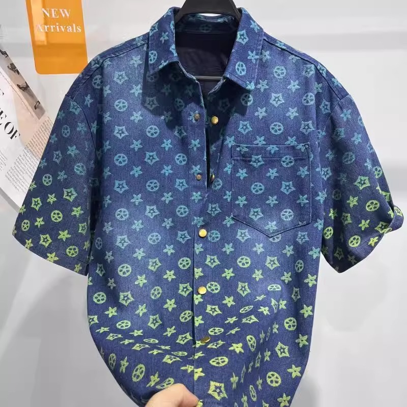 Designer Clothes 2025 Luxury Summer New Trendy Brand Men's Fashion Loose Gradient Rainbow Vintage Floral Denim Short Sleeve Shirt For Men