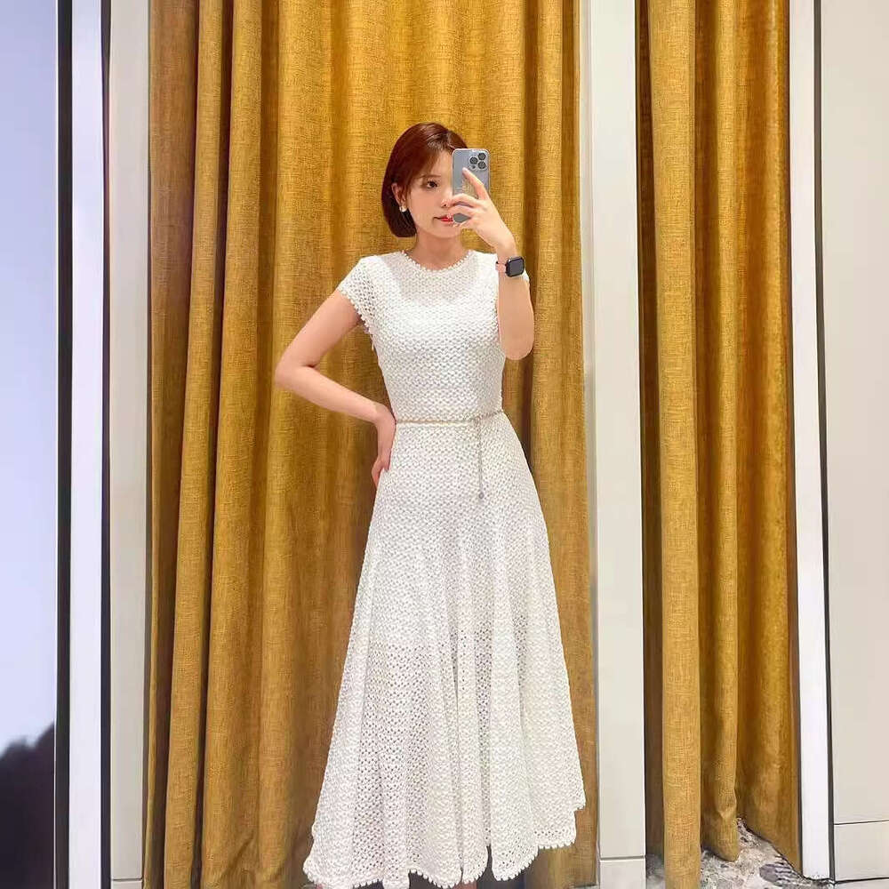 2026 Summer New Sweet Embroidered Hollow Crochet Belt with Aging Reduction, Long Elegant Dress