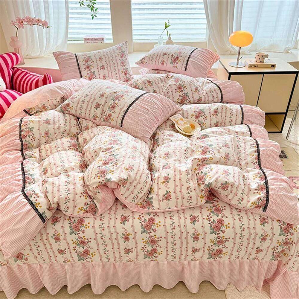 Korean Bedding Comforter Washed Cotton Four-Piece Princess Printed Soft Bed Linen Duvet Set Floral Quilt Cover Y260124