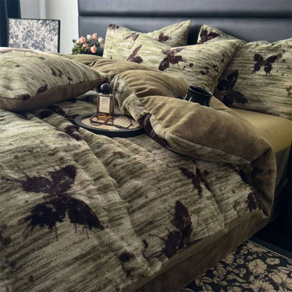 Retro Leopard Printed Rabbit Plush Quilt Cover Pillowcase Bed Sheet Four-Piece Thicken Winter Warm Coral Fleece Bedding Set Y260124