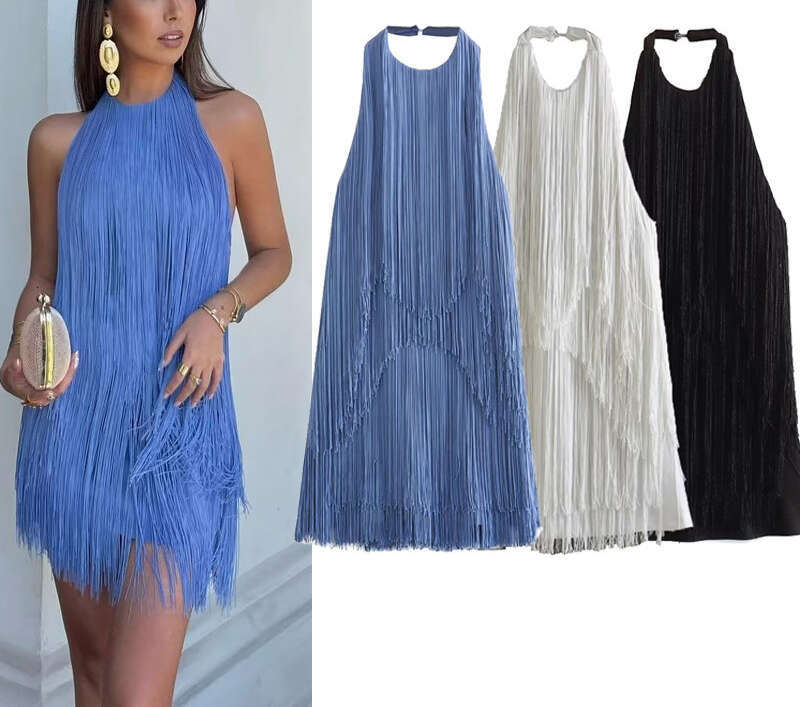 2026 European and American Women's Summer Elegant Fashion Strap Sleeveless Tassel Short Skirt