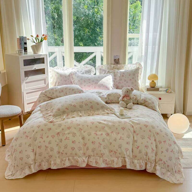 INS Floral Style Bedding Sets 2025 Ruffle Lace Bow Quilt Romantic Bedclothes Decor Woman Girls Bedroom Duvet Cover 4pcs Y260124