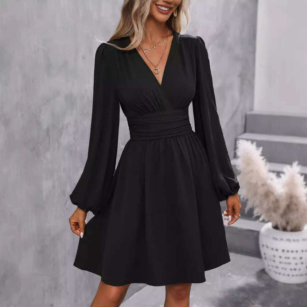 2026 Designer Fashion Dress Autumn/Winter New Style Asymmetric Collar Lantern Sleeve Ruffle Skirt