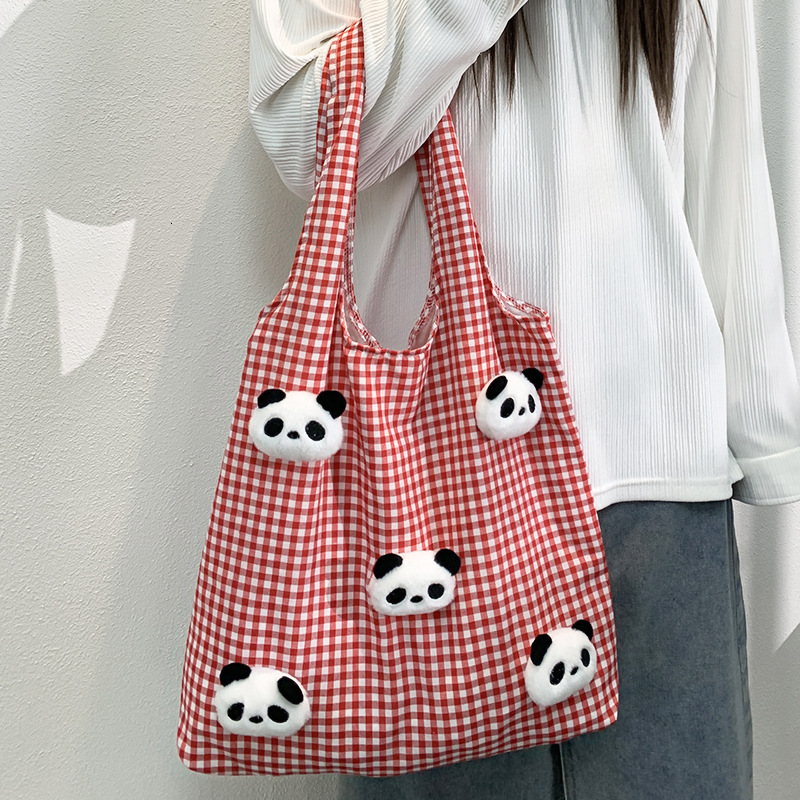 Large Capacity Simple Panda Plush Plaid Vest Canvas Ins Literary Lazy Style Autumn Winter Shopping Shoulder Bag