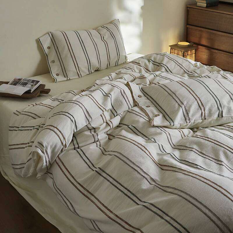 Simple Style Long Staple Cotton Bedding Set Line Shape Patterns Duvet Cover TwinFull QueenSize Bed Fitted Sheet Y260124