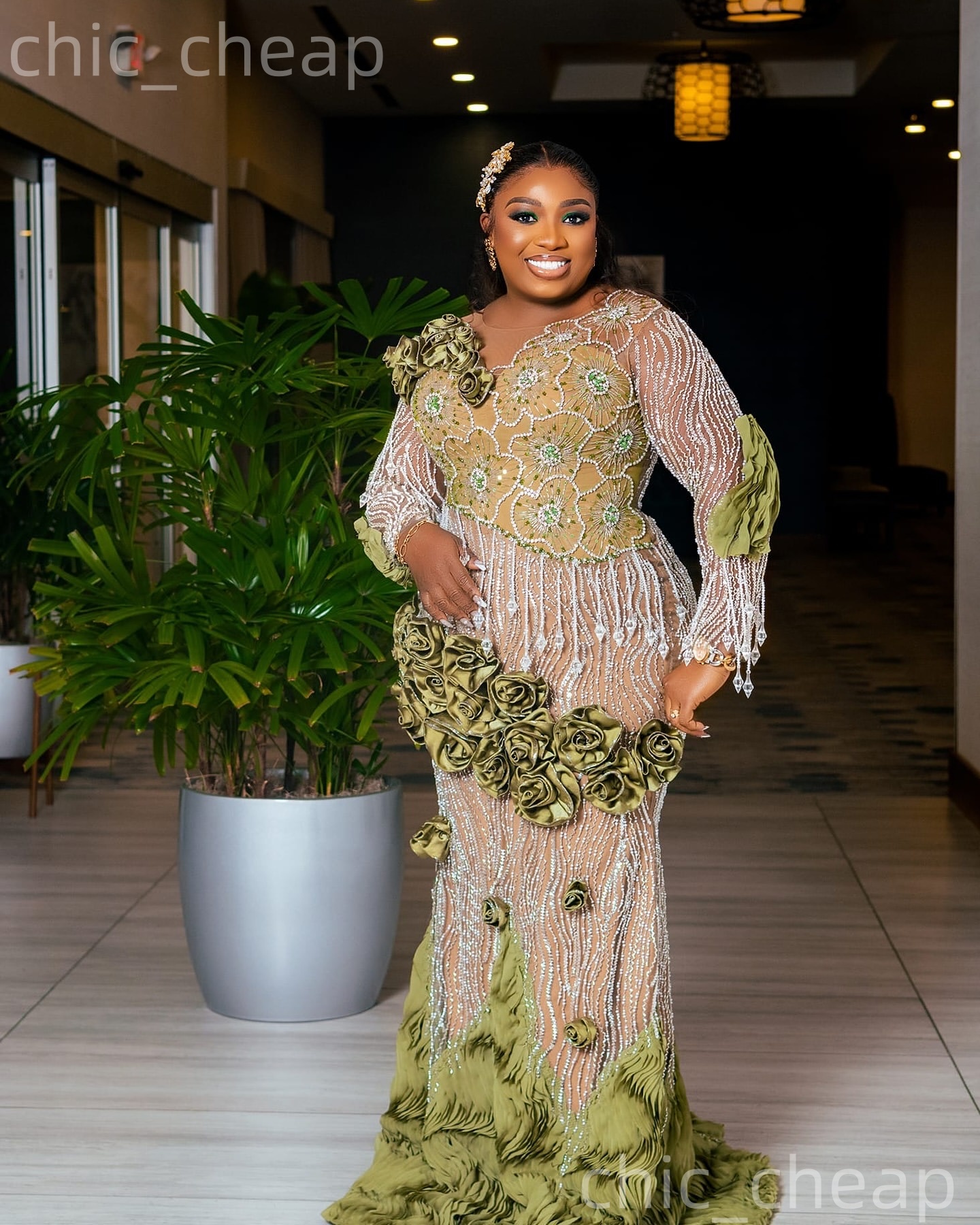 Aso Ebi Olive Green Mermaid Prom Dresses 2026 Flowers Beaded Sequined Illusion Evening Formal Party Second Birthday Engagement Gowns Dress For Special