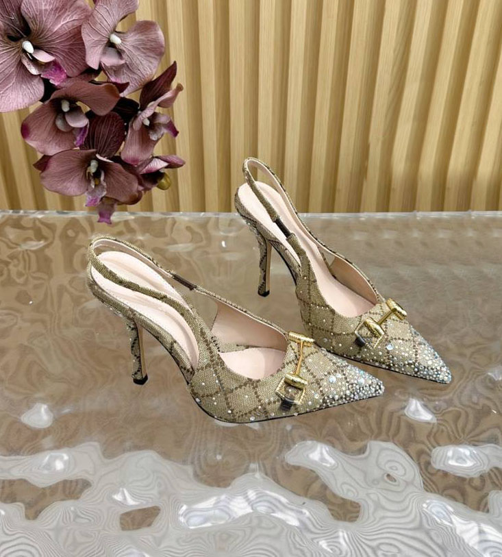 Women's pointed leather sandals fashionable rhinestone canvas suede high heels fashion show street leisure park beach shoelace box 35-42