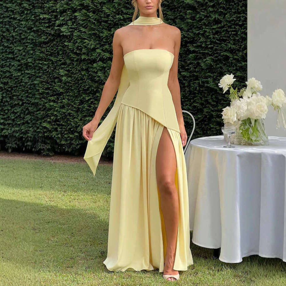 2026 European and American women's strapless solid color fashionable and sexy backless high waisted long skirt new style