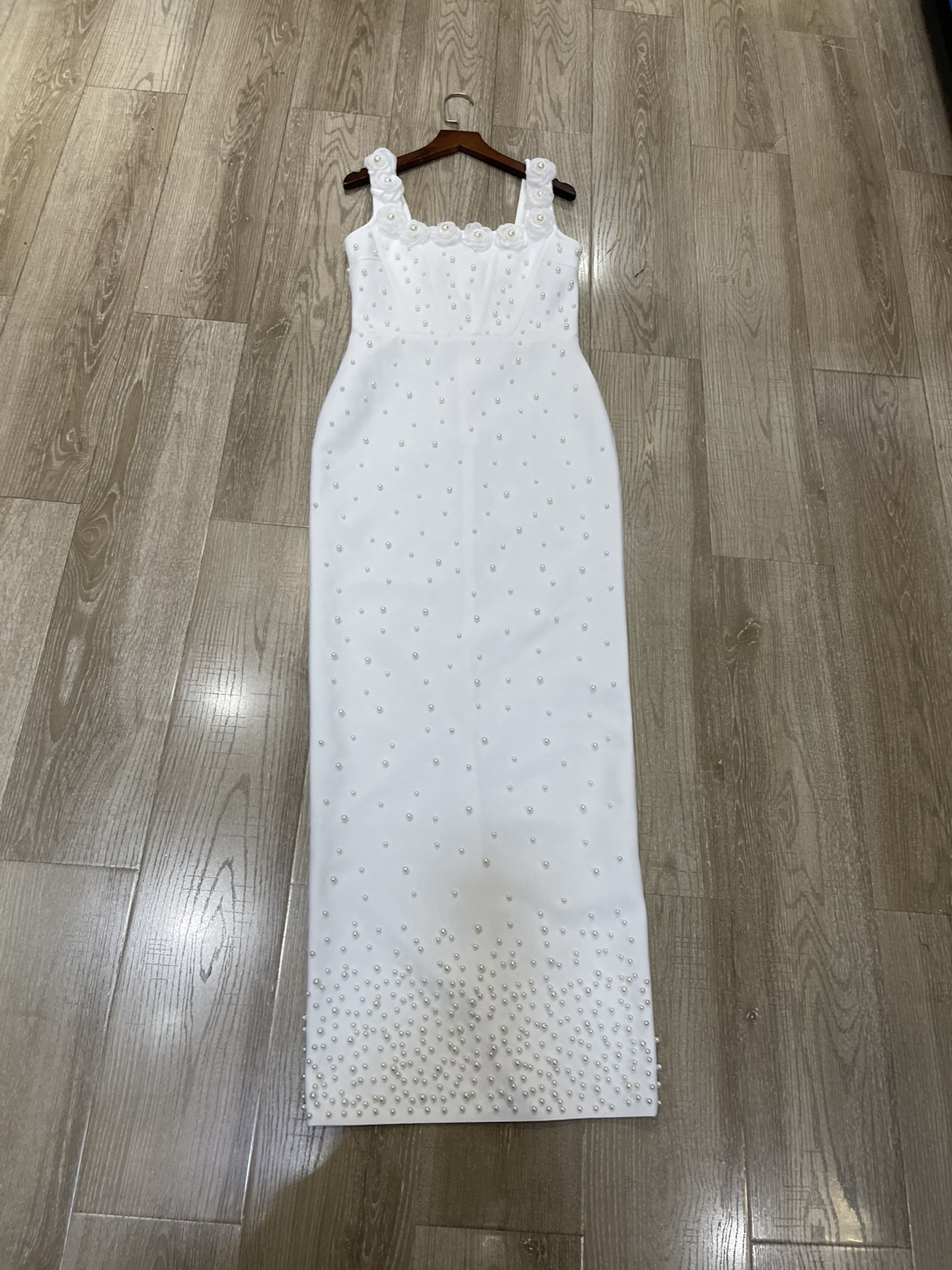 Designer dress with suspender, square neck, 3D flower, handmade nail bead, white slim fit, hip hugging dress, party dress