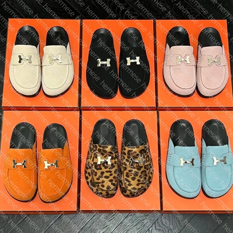 Designer Slippers Mule half Slippers Loafers Women Men Suede Leather Scuffs Sandals Slip On Black Brown Beige Clogs H Sandals flat Sandals casual mule Slippers 35-45