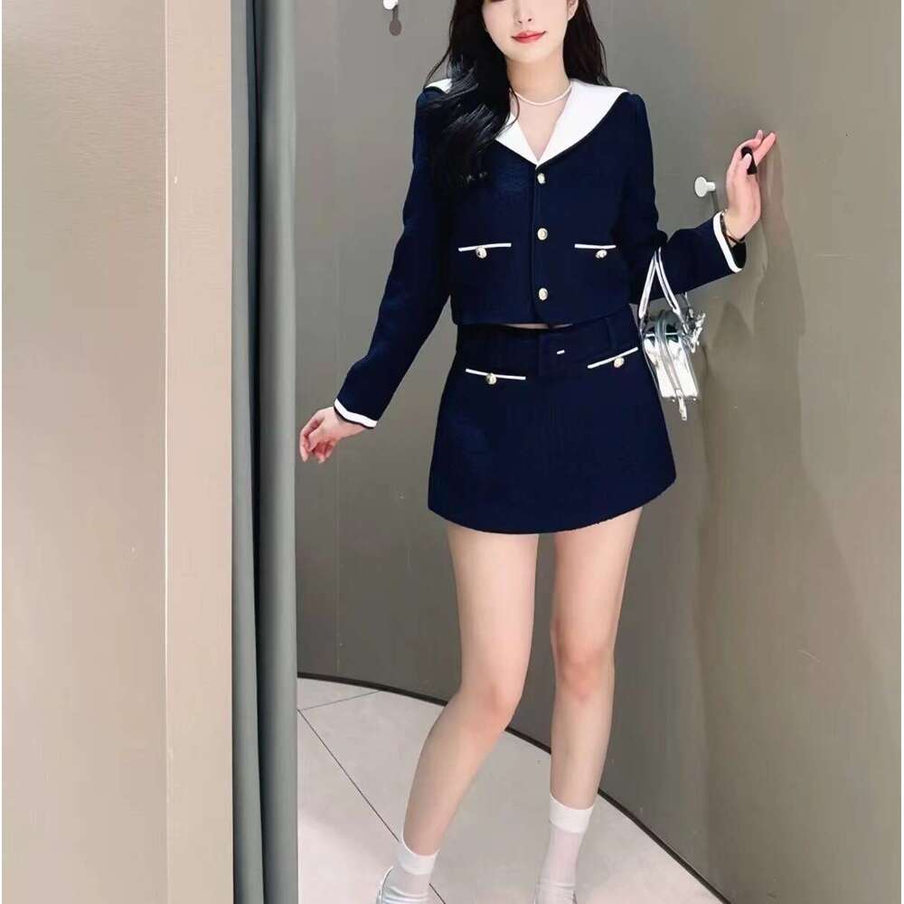 2026 niche autumn and winter new social style fashionable tweed deep blue jacket high waisted skirt long pants set