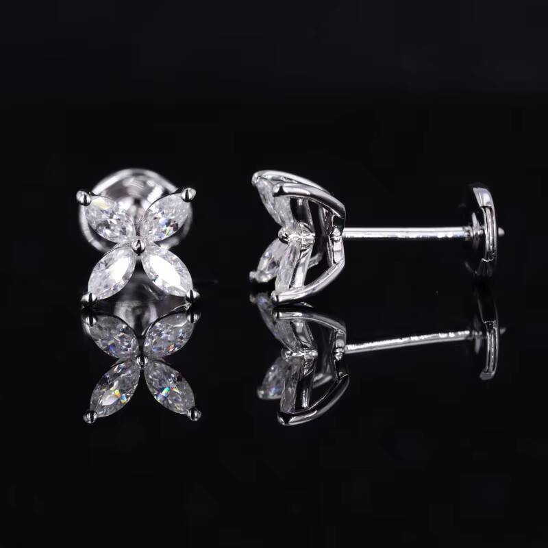 18k White Solid Gold Marquise 2x4mm Brilliant Cut Moissanite Diamond Studs Earring Flower Shape Earrings