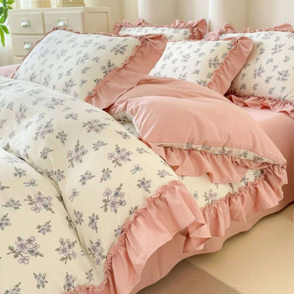 Korean Style knitted Double-Layer Yarn Four Piece Floral Lace Ruffles Bedding Set Soft Quilt Cover Bed Sheet Pillowcase 4Pcs Y260124