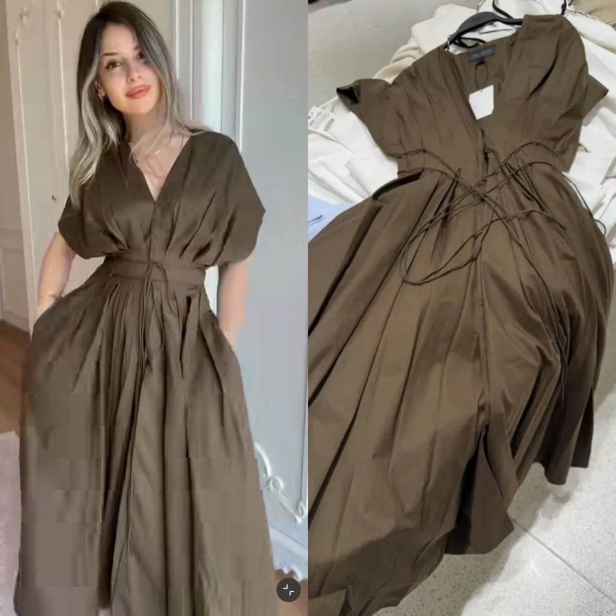 ETJ Summer 2025 womens elegant party dress Vintage Vneck fashion pleated laceup MIDI poplin 260120