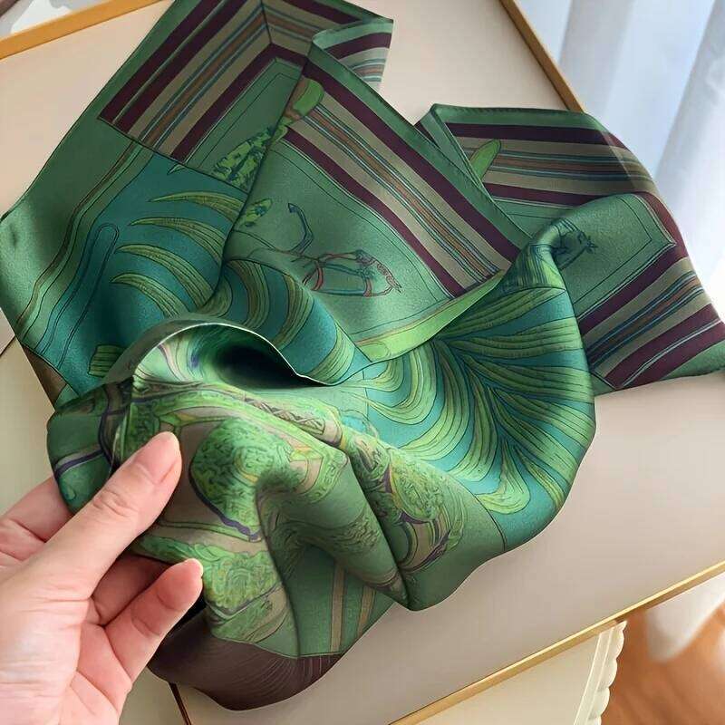 New Green Print Square Simulated Silk Thin Satin Neck Elegant Ladies Professional Decorative Small Scarf 26Y0126