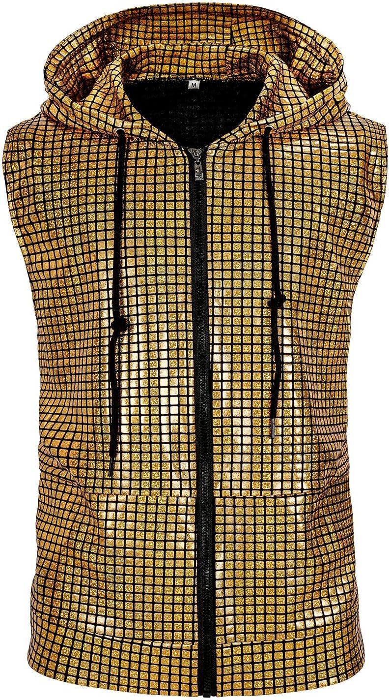 Stage Wear Men's Shiny Sleeveless Hooded Vest Metallic Zipper Shirt With Pockets Party Club Top
