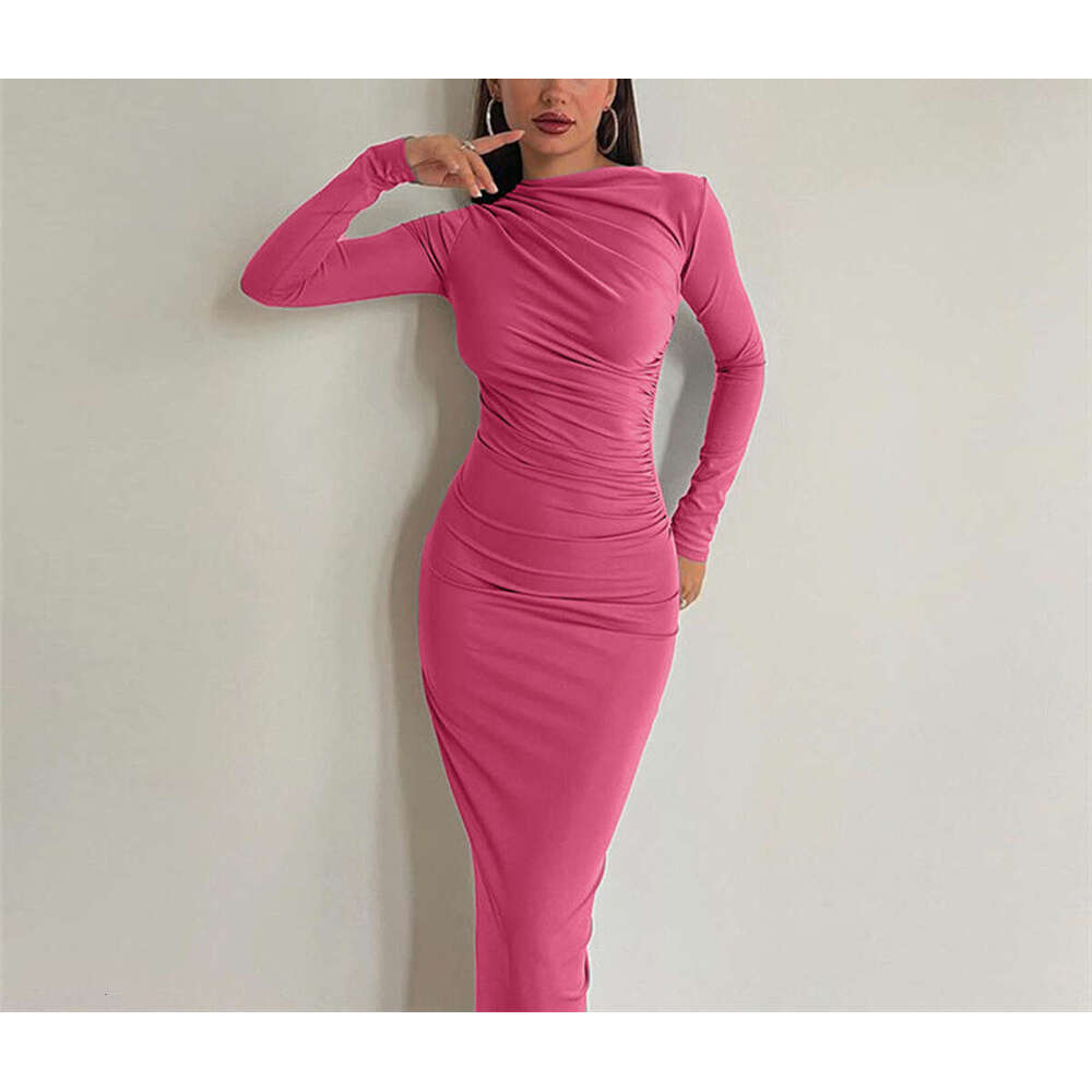 2025 Spring and Autumn New European and American Slimming High end Solid Color Elegant Long Women's Slimming Dress