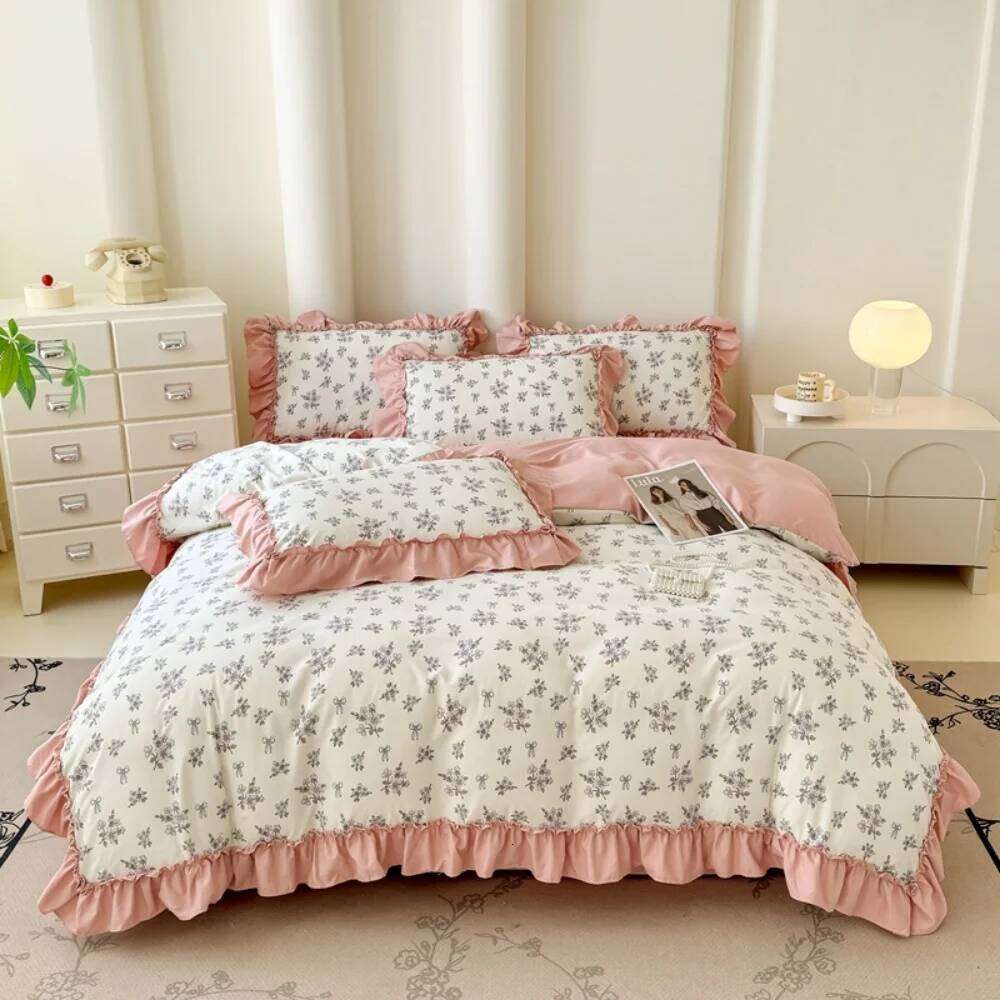 Korean Style knitted Double-Layer Yarn Four Piece Floral Lace Ruffles Bedding Set Soft Quilt Cover Bed Sheet Pillowcase 4Pcs Y260124